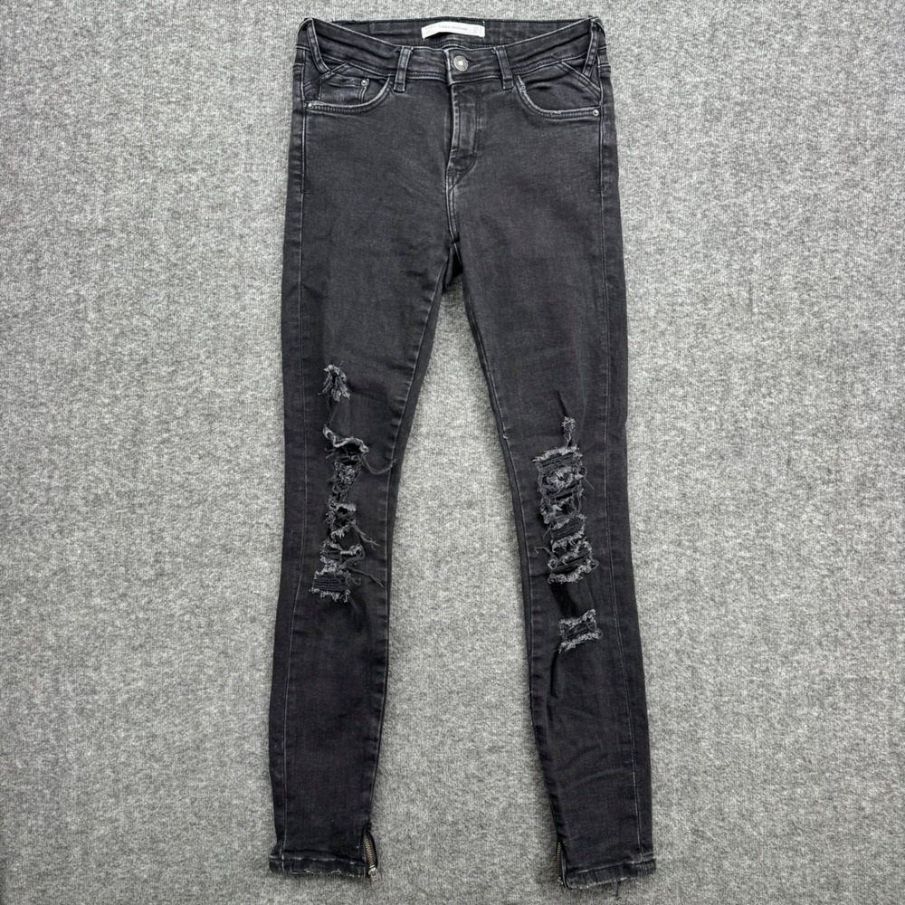 Zara Trafaluc Distressed Skinny Jean Faded Black Ankle Zip Ripped Denim Womens 4